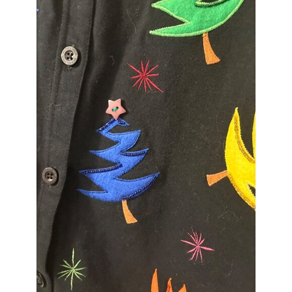 Michael Simon Light Holiday Cardigan Embroidered Festive Button Front Black - Picture 2 of 6